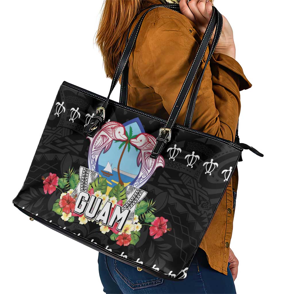 Guam Chamorro Leather Tote Bag Tribal Latte Stone With Dolphins Black