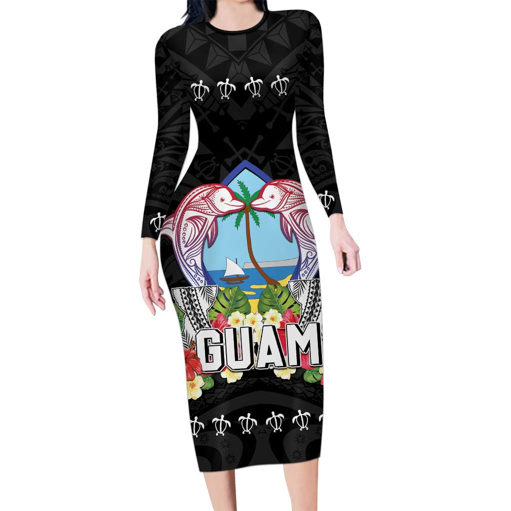 Guam Chamorro Long Sleeve Bodycon Dress Tribal Latte Stone With Dolphins Black