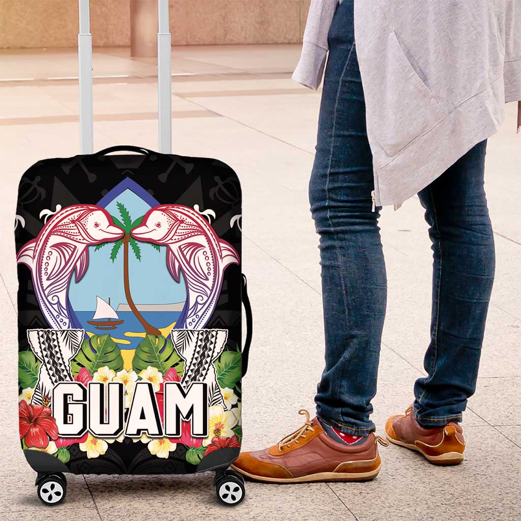 Guam Chamorro Luggage Cover Tribal Latte Stone With Dolphins Black