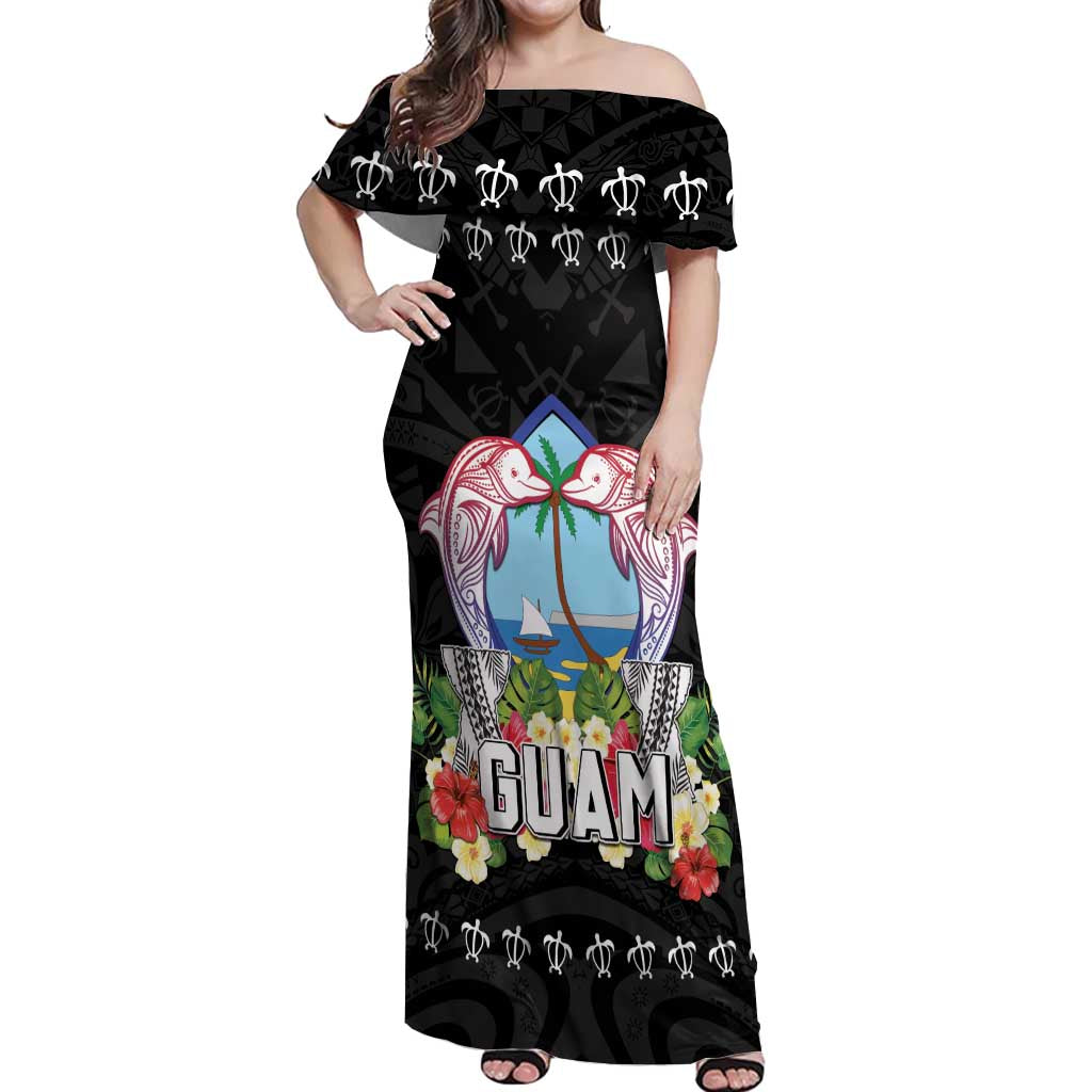 Guam Chamorro Off Shoulder Maxi Dress Tribal Latte Stone With Dolphins Black