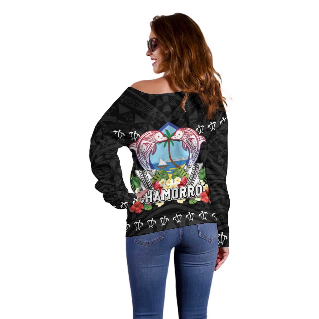 Guam Chamorro Off Shoulder Sweater Tribal Latte Stone With Dolphins Black