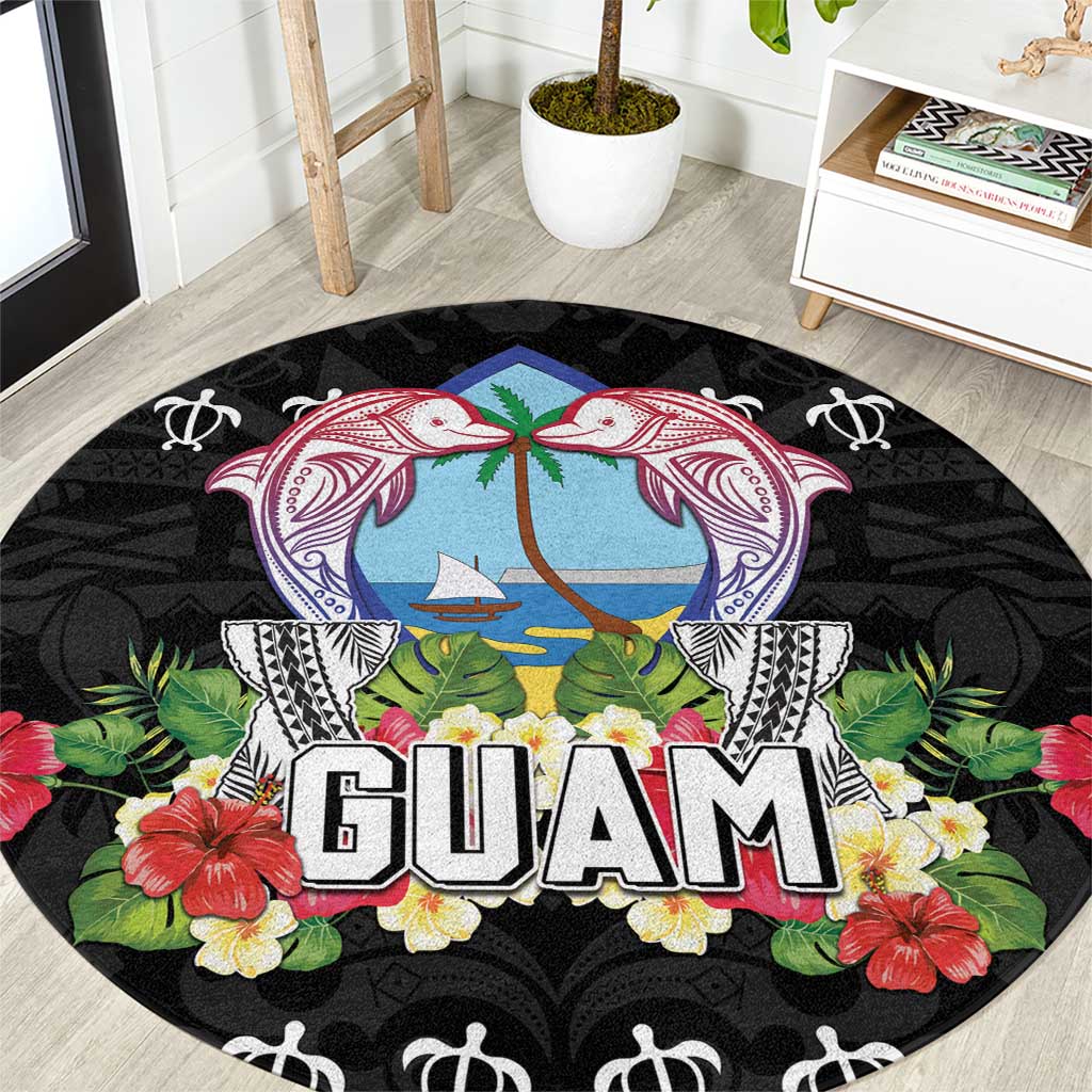 Guam Chamorro Round Carpet Tribal Latte Stone With Dolphins Black