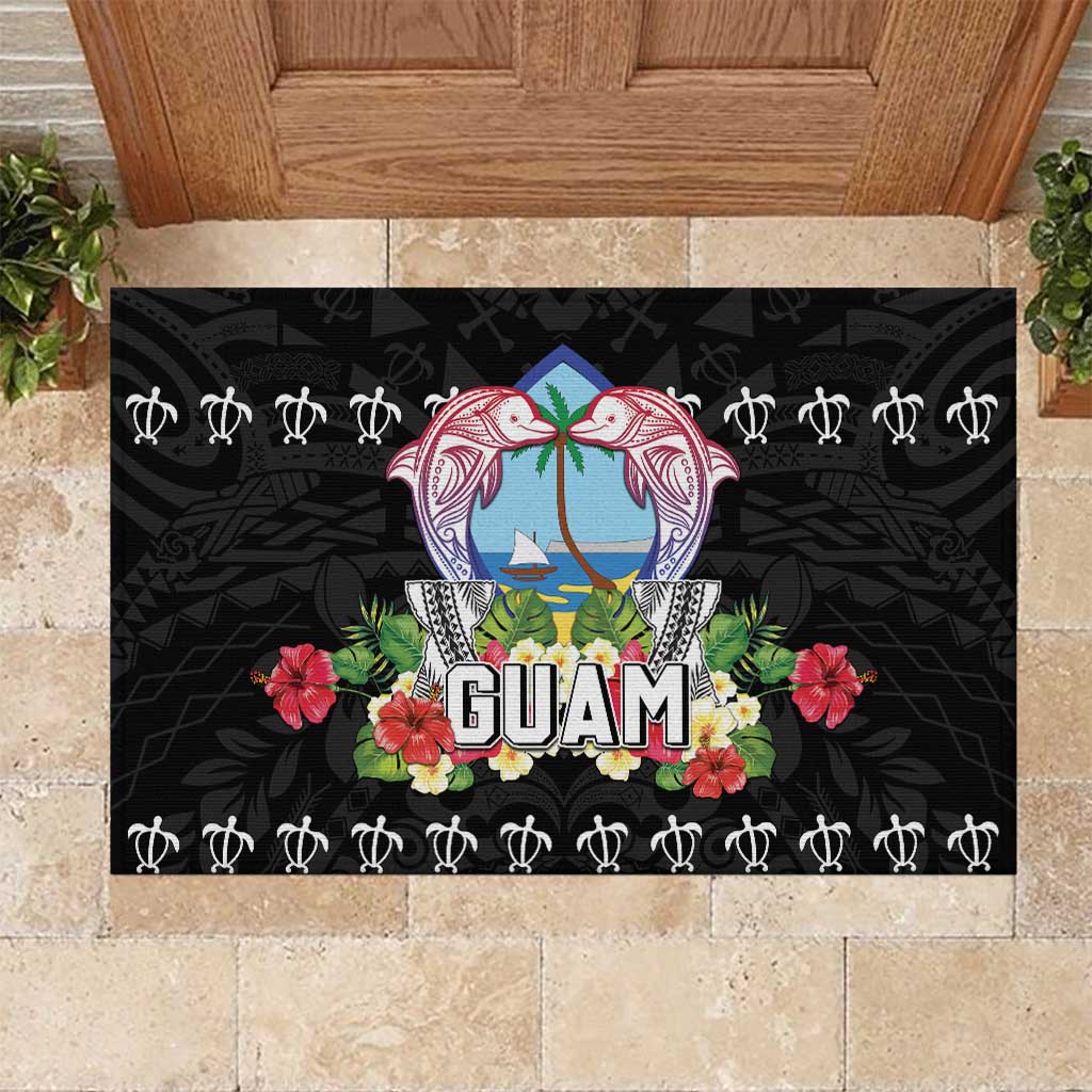 Guam Chamorro Rubber Doormat Tribal Latte Stone With Dolphins Black