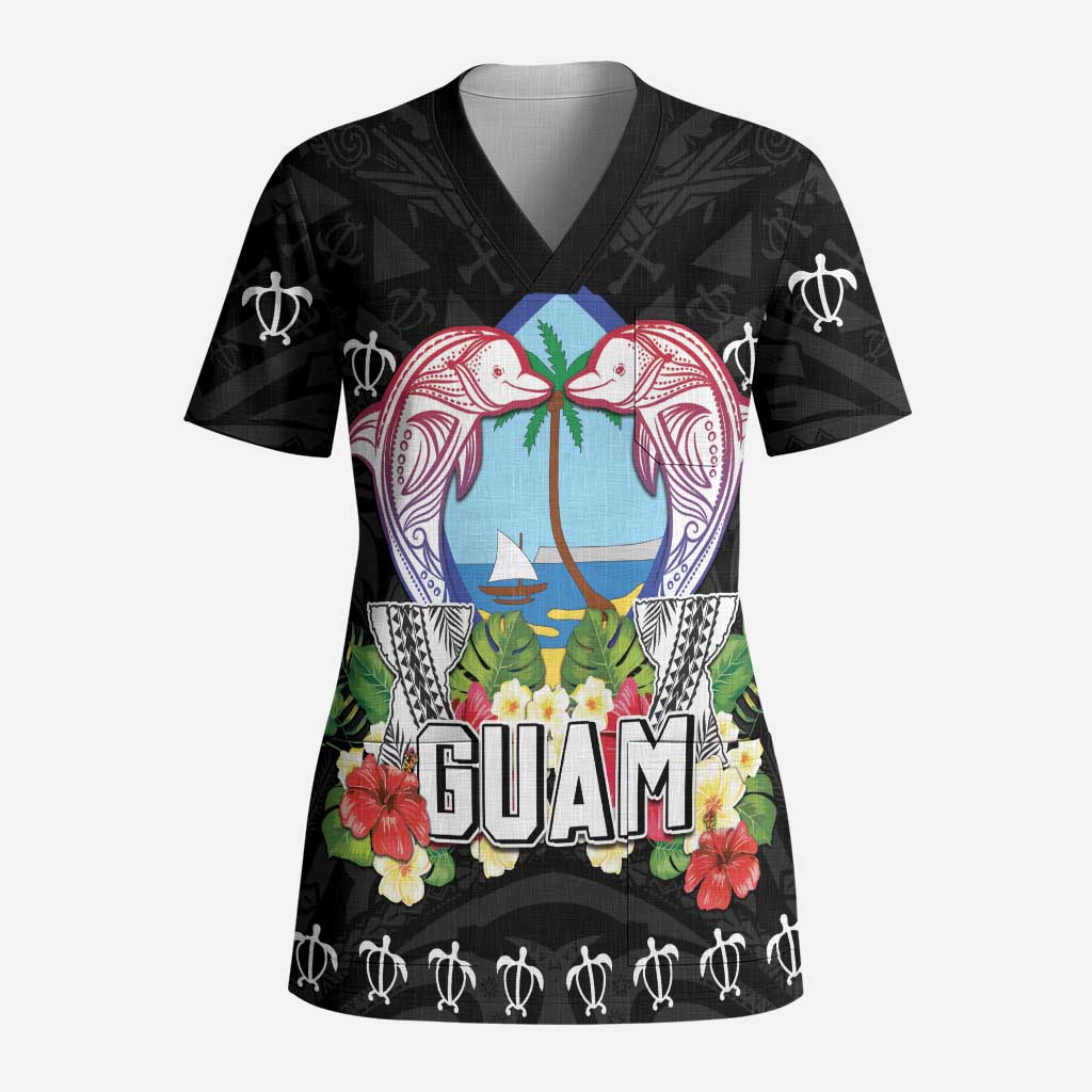 Guam Chamorro Scrub Top Tribal Latte Stone With Dolphins Black - Polynesian Pride