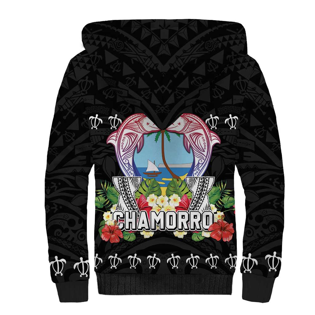 Guam Chamorro Sherpa Hoodie Tribal Latte Stone With Dolphins Black