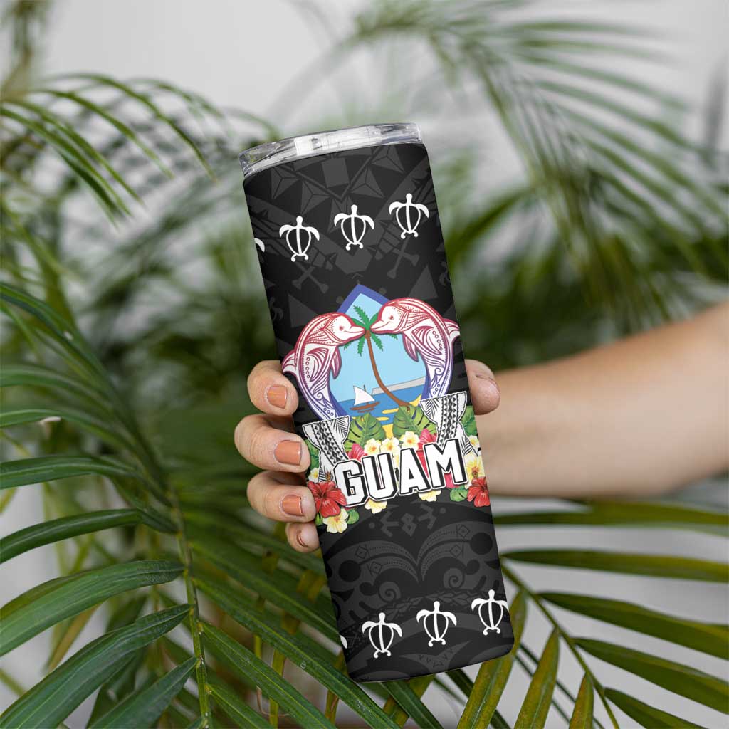 Guam Chamorro Skinny Tumbler Tribal Latte Stone With Dolphins Black