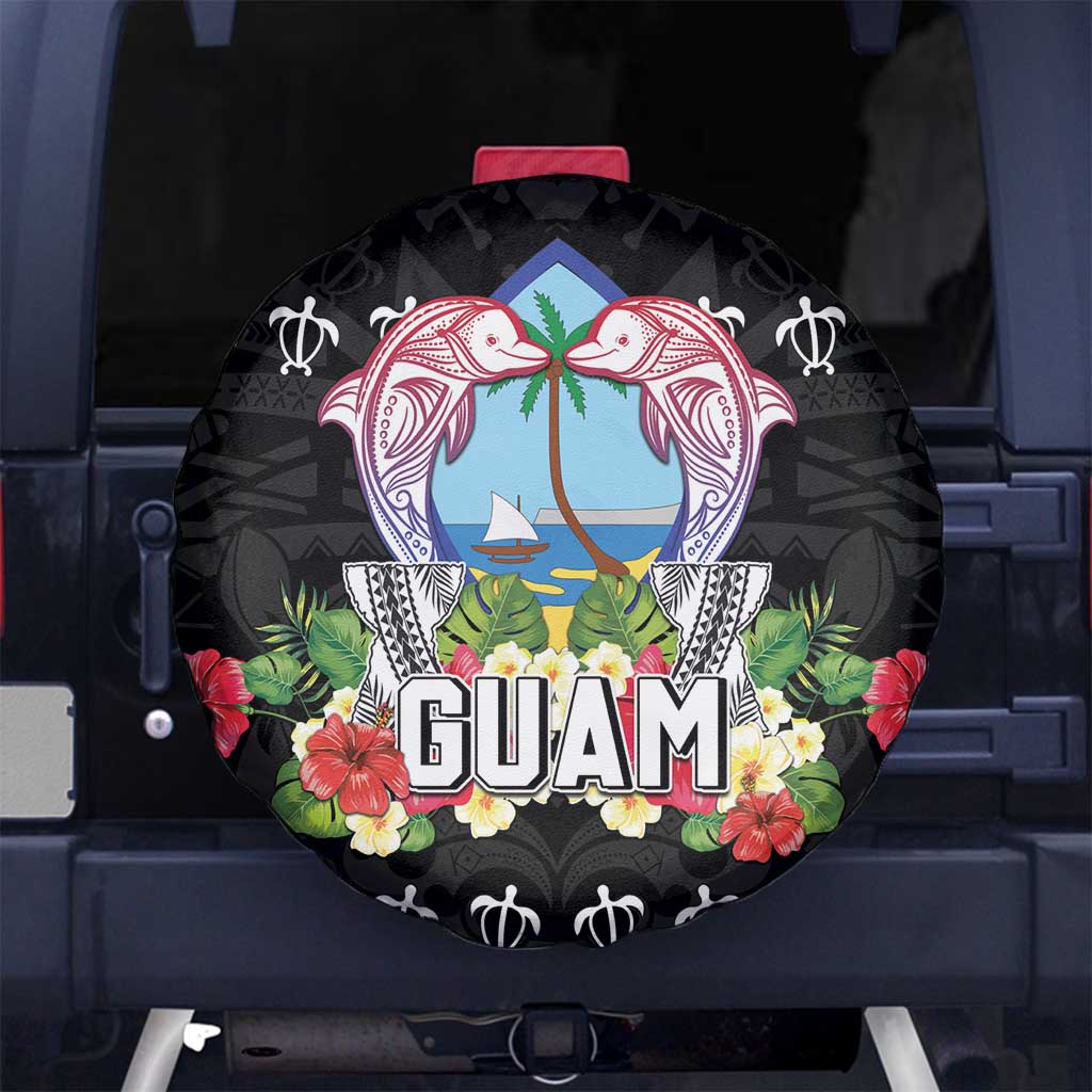 Guam Chamorro Spare Tire Cover Tribal Latte Stone With Dolphins Black