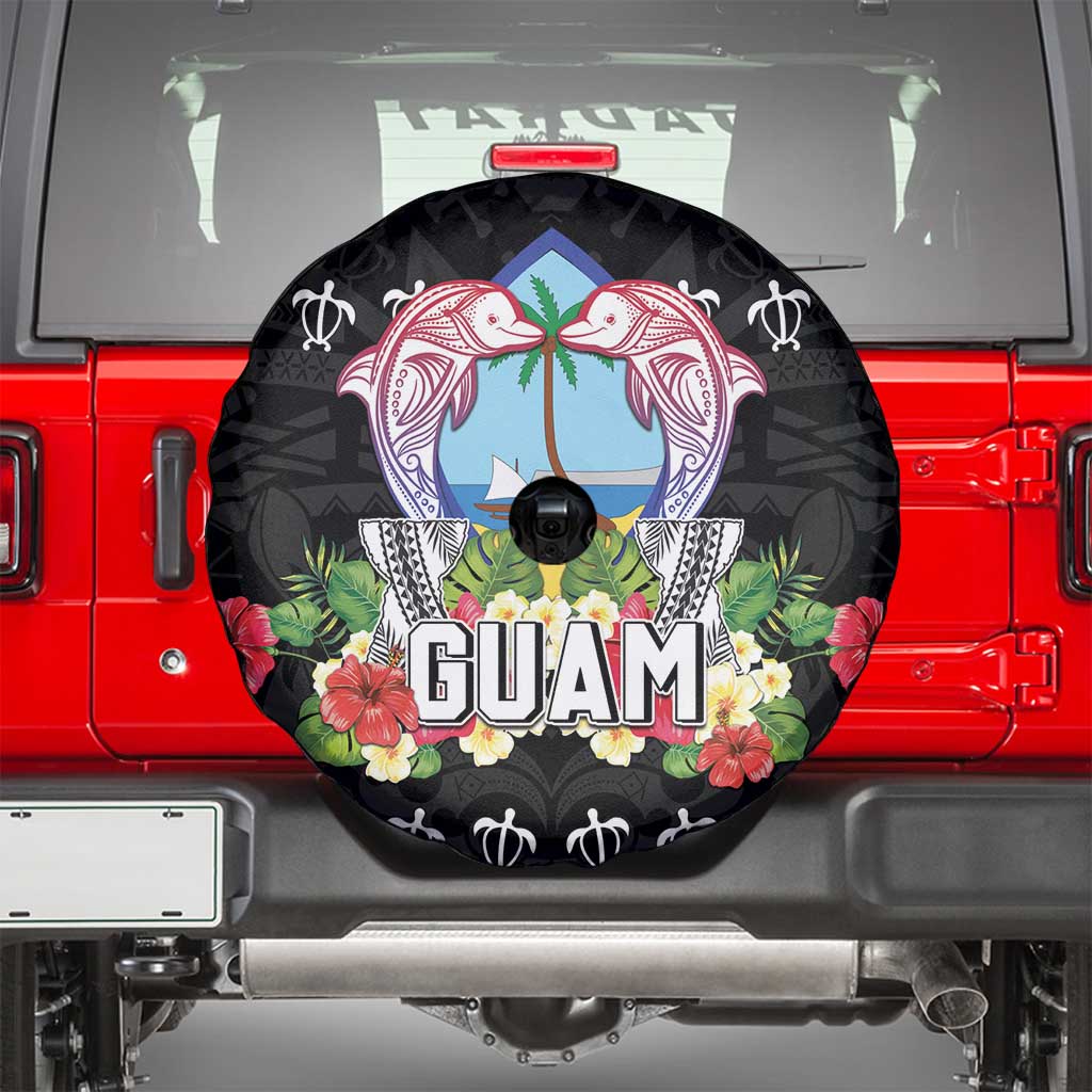 Guam Chamorro Spare Tire Cover Tribal Latte Stone With Dolphins Black