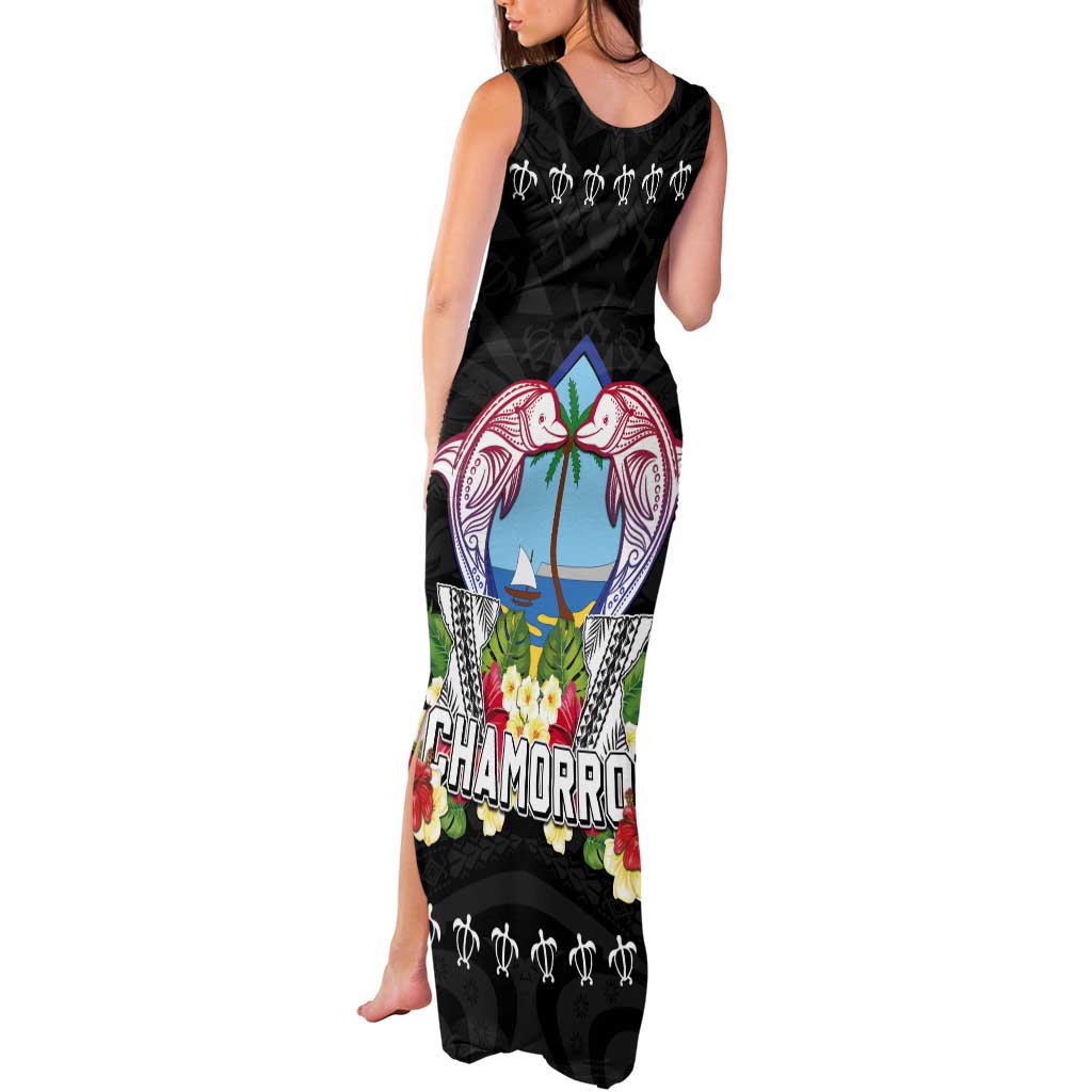 Guam Chamorro Tank Maxi Dress Tribal Latte Stone With Dolphins Black