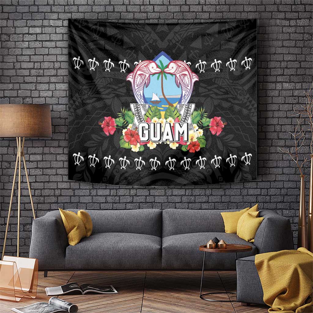 Guam Chamorro Tapestry Tribal Latte Stone With Dolphins Black