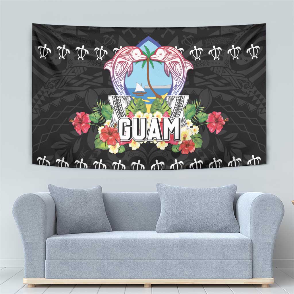 Guam Chamorro Tapestry Tribal Latte Stone With Dolphins Black