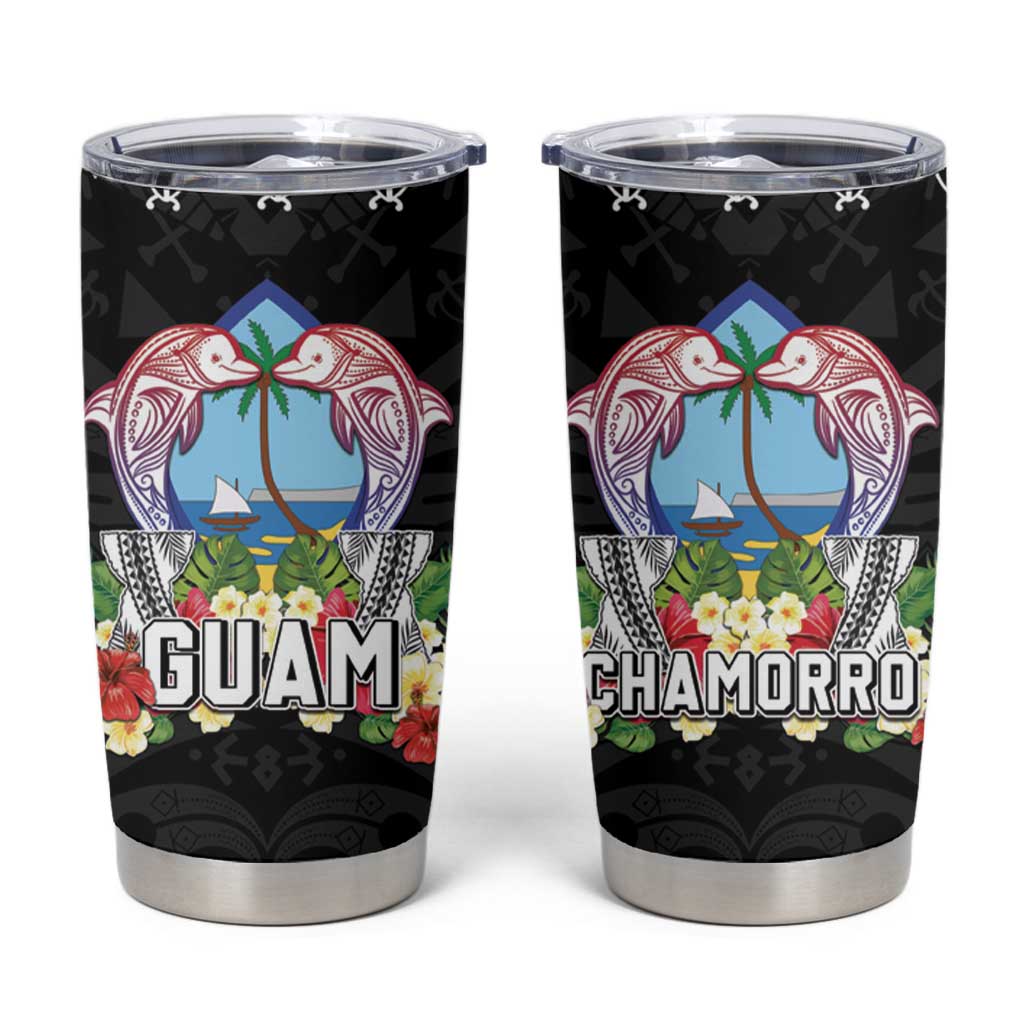 Guam Chamorro Tumbler Cup Tribal Latte Stone With Dolphins Black