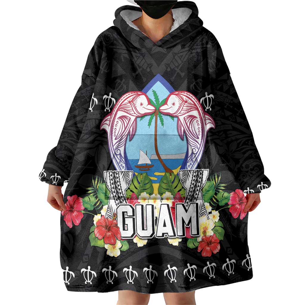 Guam Chamorro Wearable Blanket Hoodie Tribal Latte Stone With Dolphins Black