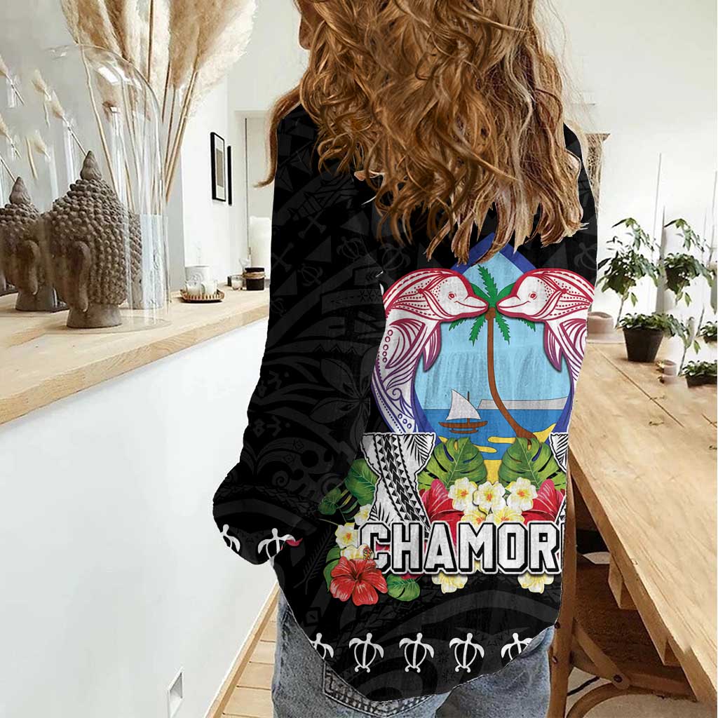 Guam Chamorro Women Casual Shirt Tribal Latte Stone With Dolphins Black