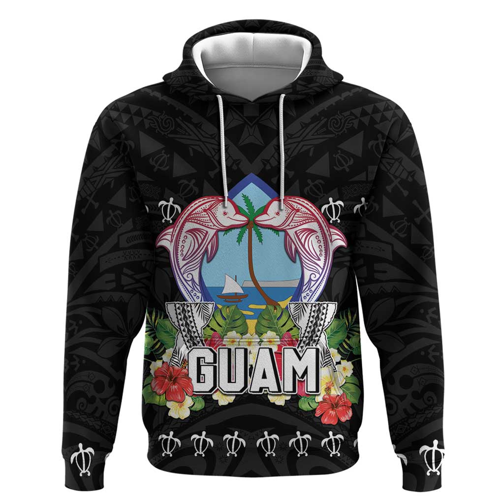 Guam Chamorro Zip Hoodie Tribal Latte Stone With Dolphins Black