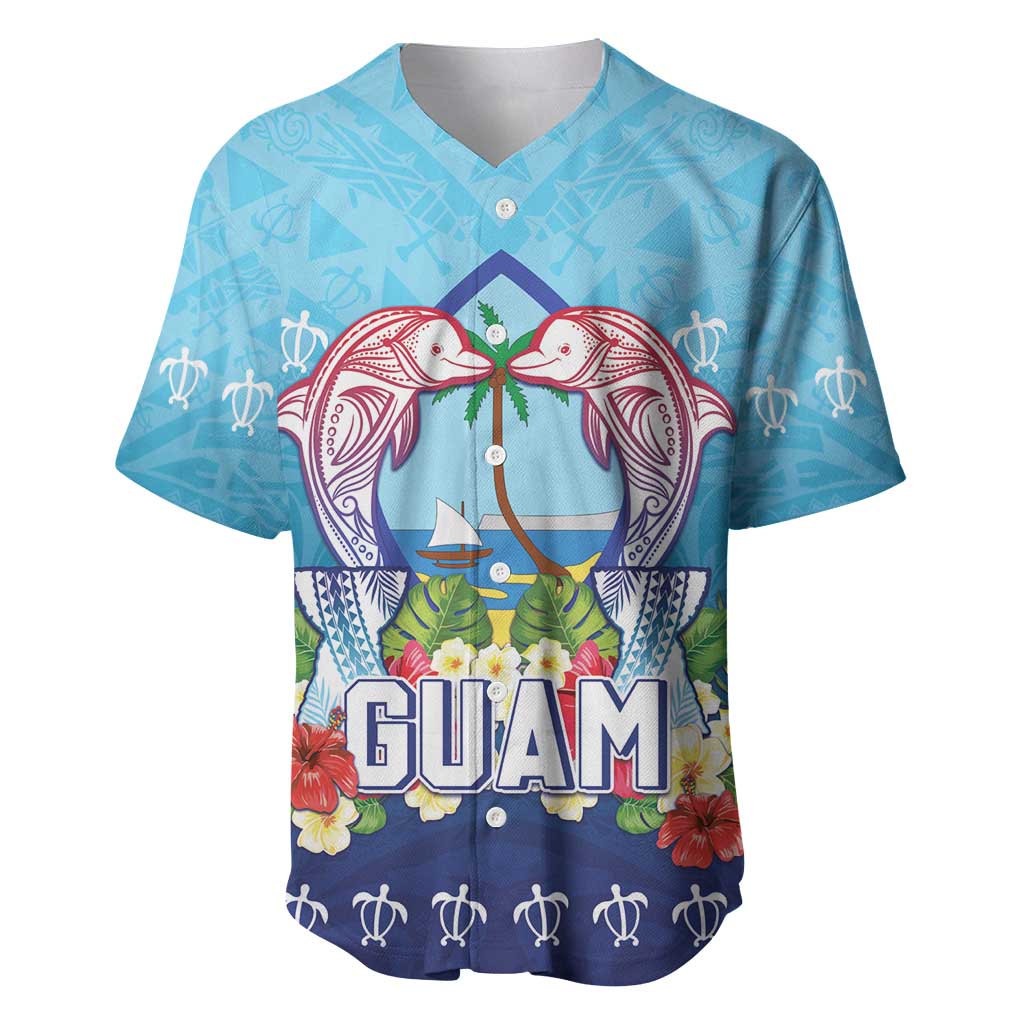 Guam Chamorro Baseball Jersey Tribal Latte Stone With Dolphins Blue