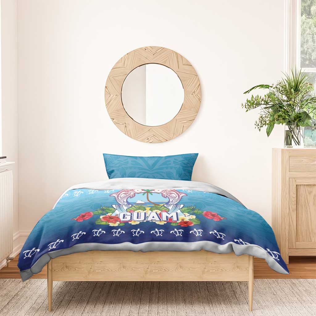 Guam Chamorro Bedding Set Tribal Latte Stone With Dolphins Blue