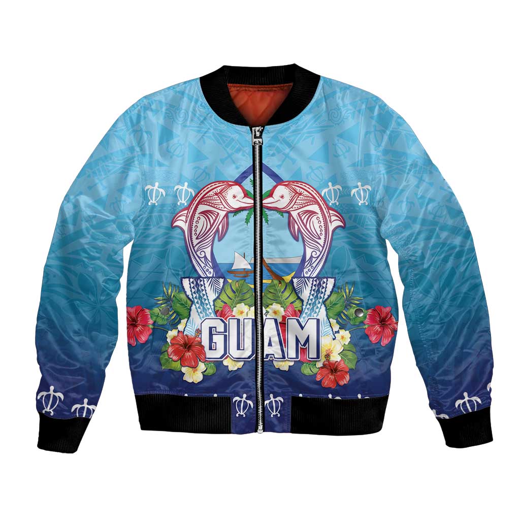 Guam Chamorro Bomber Jacket Tribal Latte Stone With Dolphins Blue