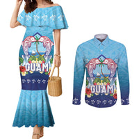 Guam Chamorro Couples Matching Mermaid Dress and Long Sleeve Button Shirt Tribal Latte Stone With Dolphins Blue