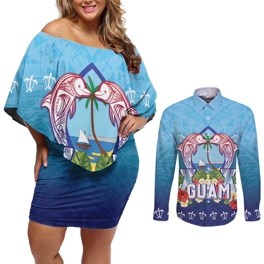 Guam Chamorro Couples Matching Off Shoulder Short Dress and Long Sleeve Button Shirt Tribal Latte Stone With Dolphins Blue