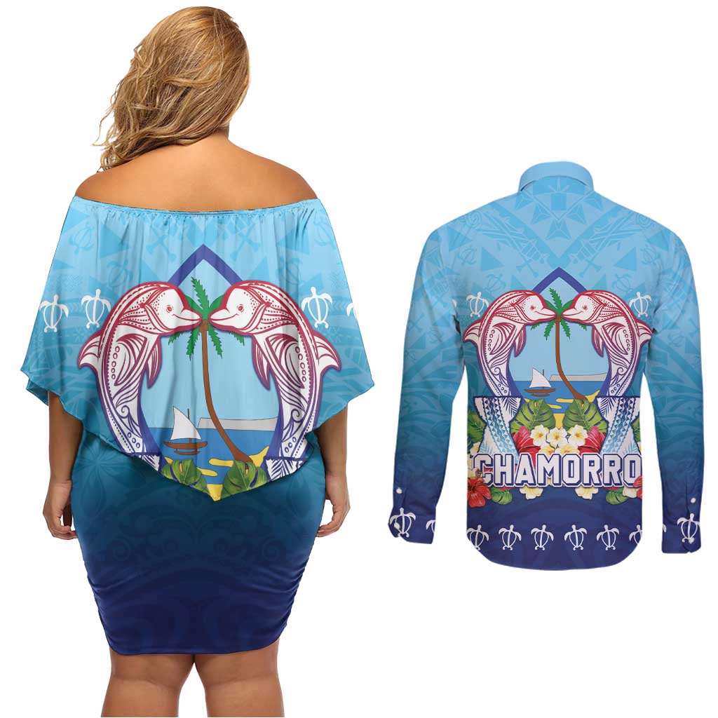 Guam Chamorro Couples Matching Off Shoulder Short Dress and Long Sleeve Button Shirt Tribal Latte Stone With Dolphins Blue