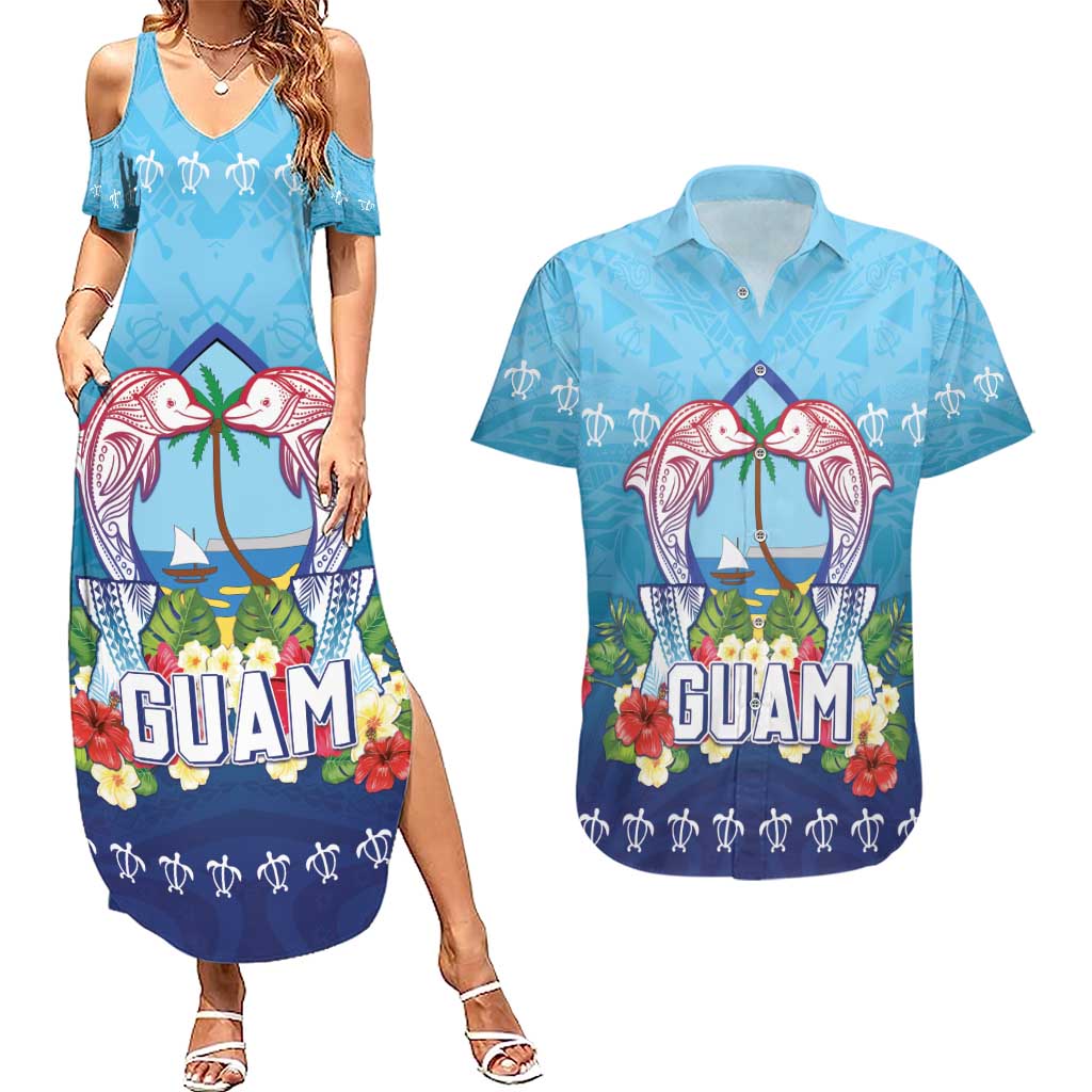 Guam Chamorro Couples Matching Summer Maxi Dress and Hawaiian Shirt Tribal Latte Stone With Dolphins Blue LT05 Blue - Polynesian Pride