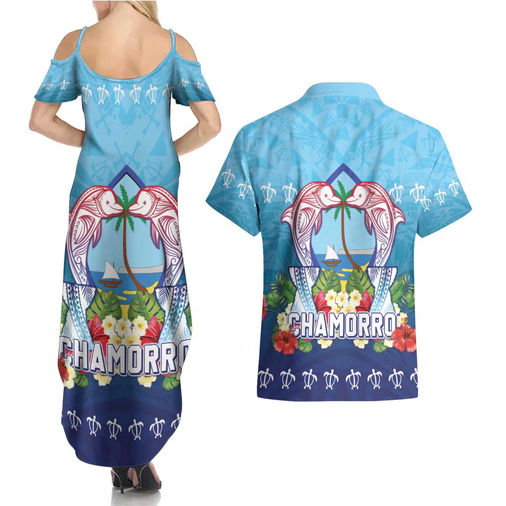 Guam Chamorro Couples Matching Summer Maxi Dress and Hawaiian Shirt Tribal Latte Stone With Dolphins Blue LT05 - Polynesian Pride