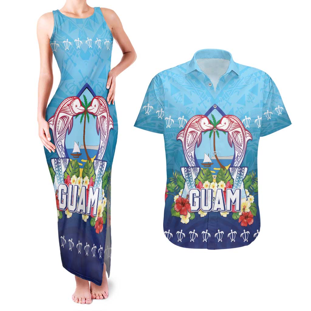Guam Chamorro Couples Matching Tank Maxi Dress and Hawaiian Shirt Tribal Latte Stone With Dolphins Blue