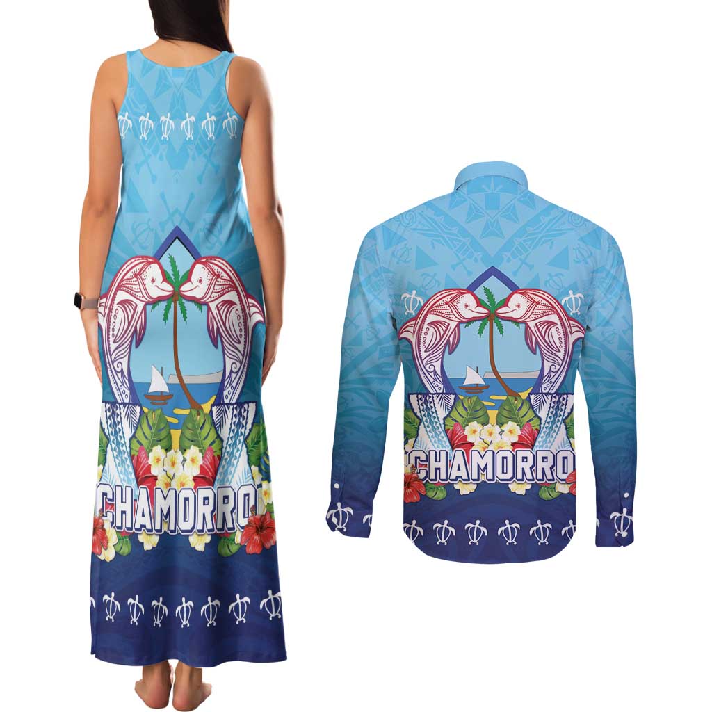 Guam Chamorro Couples Matching Tank Maxi Dress and Long Sleeve Button Shirt Tribal Latte Stone With Dolphins Blue