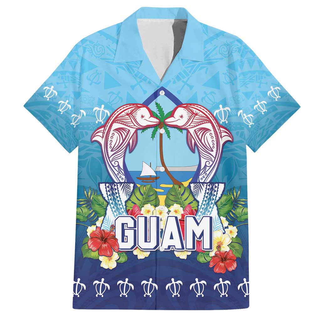 Guam Chamorro Family Matching Long Sleeve Bodycon Dress and Hawaiian Shirt Tribal Latte Stone With Dolphins Blue
