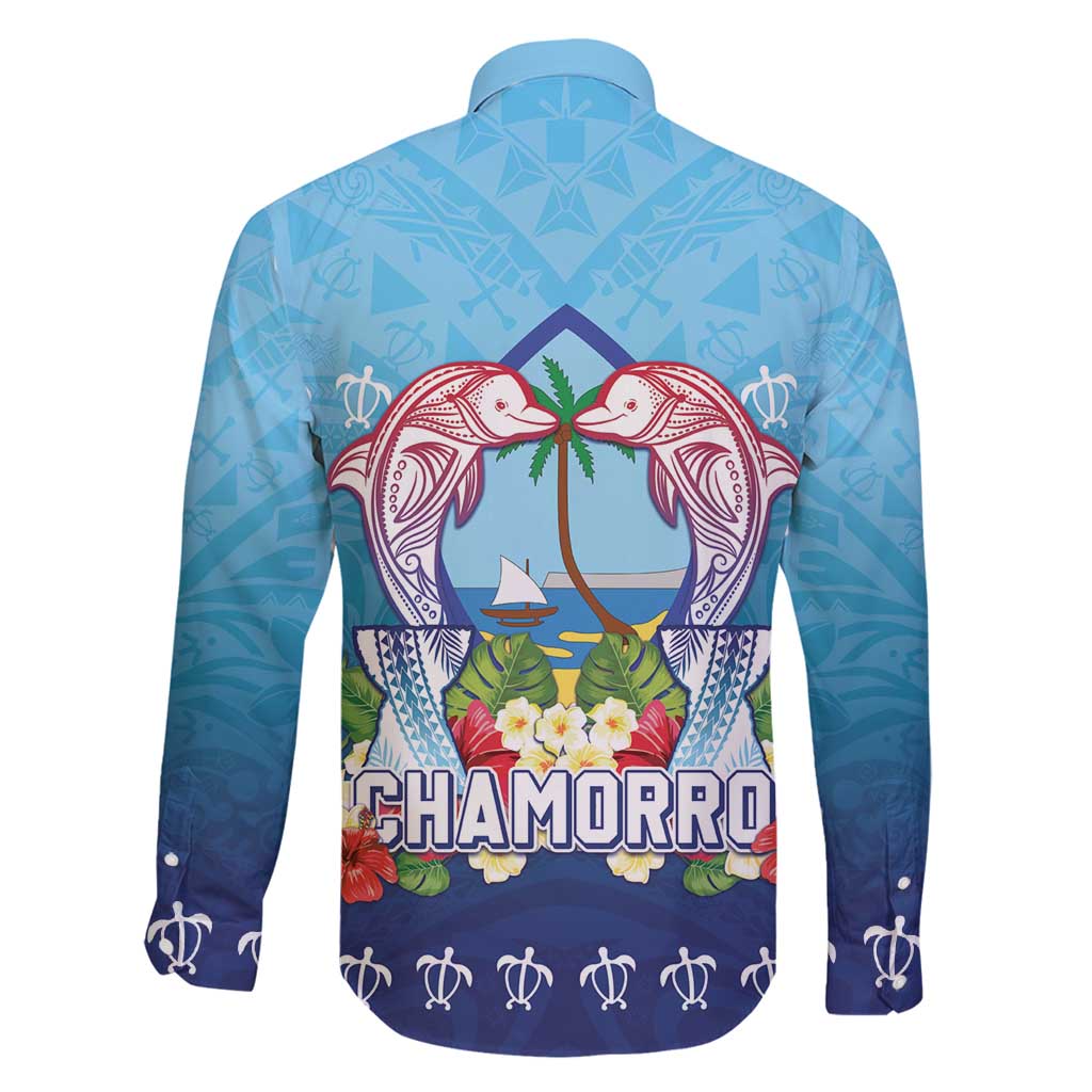 Guam Chamorro Family Matching Long Sleeve Bodycon Dress and Hawaiian Shirt Tribal Latte Stone With Dolphins Blue