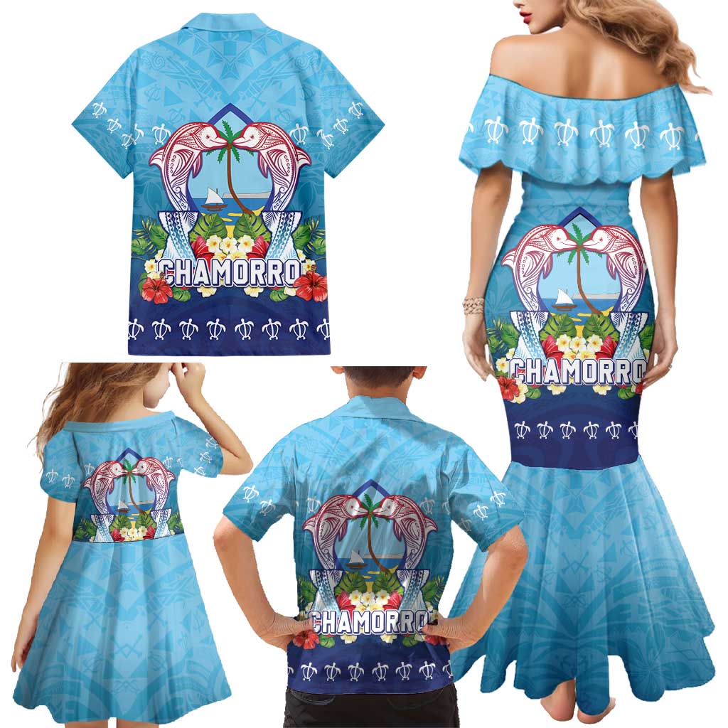 Guam Chamorro Family Matching Mermaid Dress and Hawaiian Shirt Tribal Latte Stone With Dolphins Blue