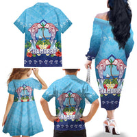 Guam Chamorro Family Matching Off The Shoulder Long Sleeve Dress and Hawaiian Shirt Tribal Latte Stone With Dolphins Blue