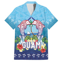 Guam Chamorro Family Matching Short Sleeve Bodycon Dress and Hawaiian Shirt Tribal Latte Stone With Dolphins Blue
