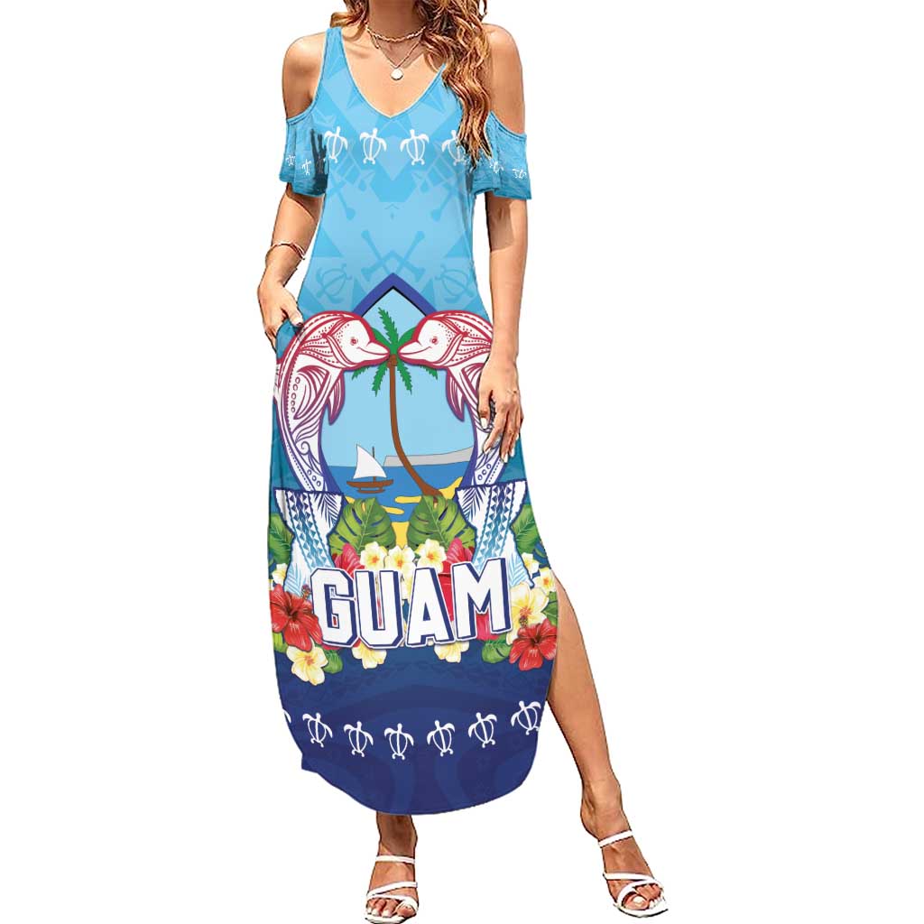 Guam Chamorro Family Matching Summer Maxi Dress and Hawaiian Shirt Tribal Latte Stone With Dolphins Blue