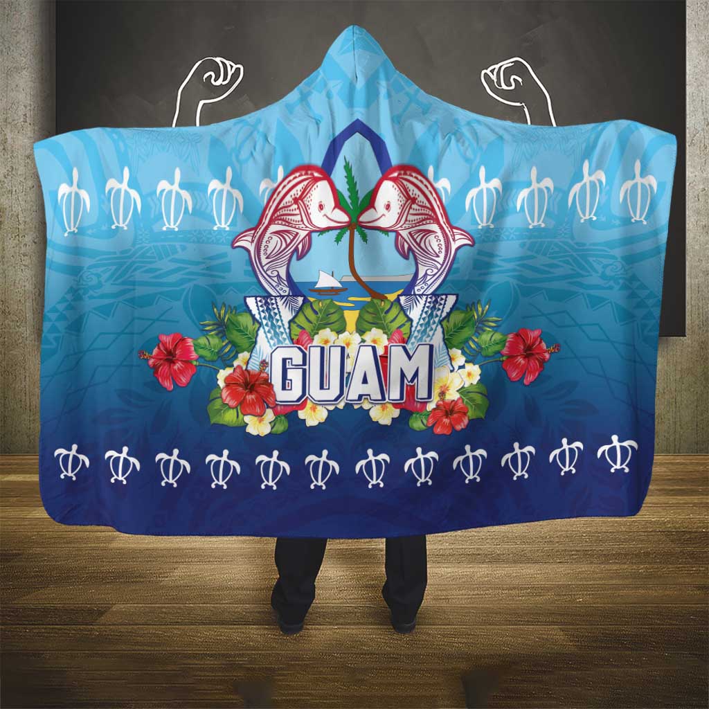 Guam Chamorro Hooded Blanket Tribal Latte Stone With Dolphins Blue