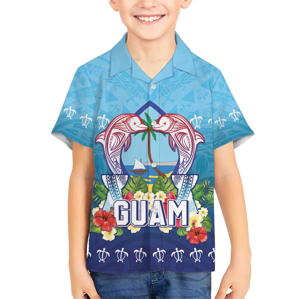 Guam Chamorro Kid Hawaiian Shirt Tribal Latte Stone With Dolphins Blue