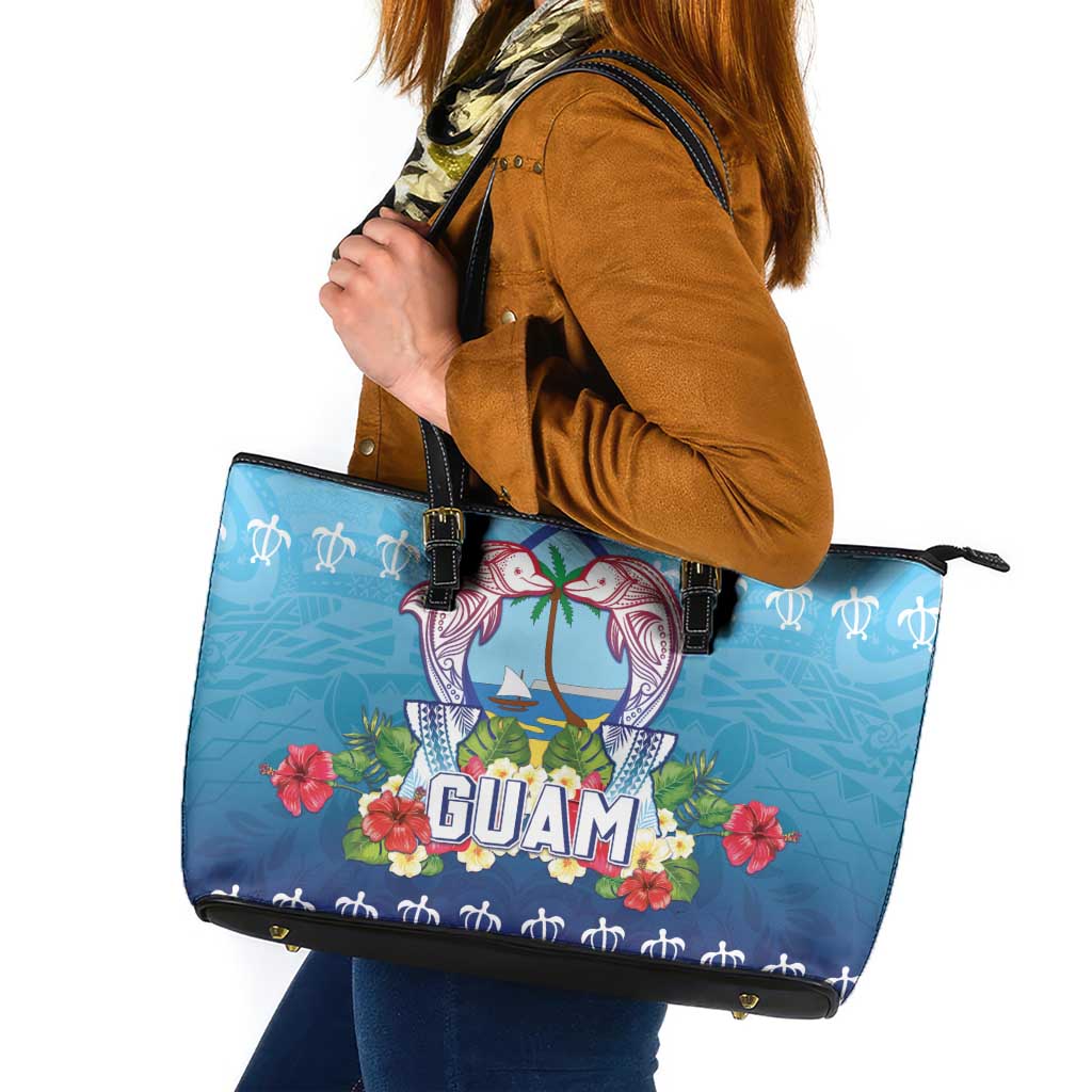 Guam Chamorro Leather Tote Bag Tribal Latte Stone With Dolphins Blue
