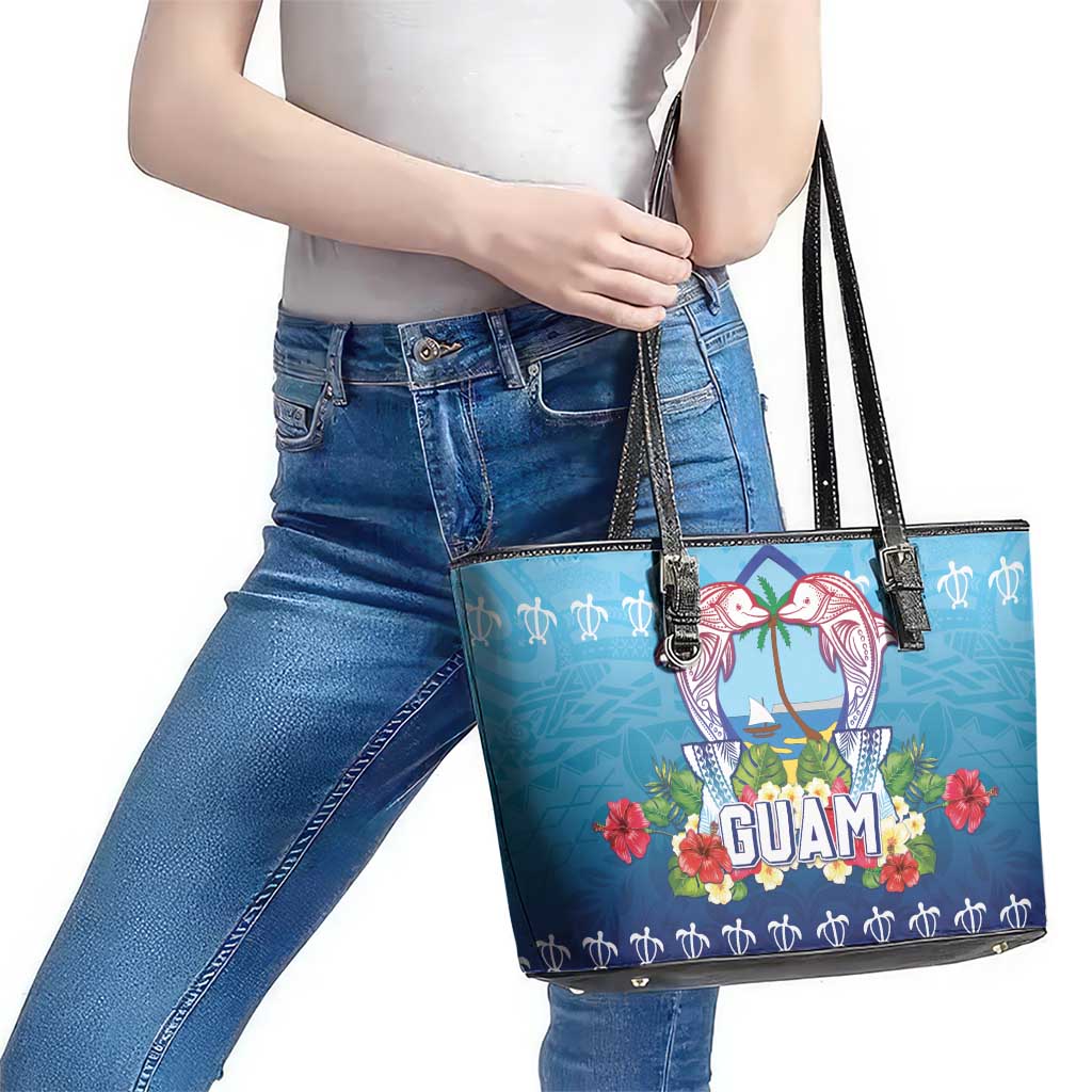 Guam Chamorro Leather Tote Bag Tribal Latte Stone With Dolphins Blue