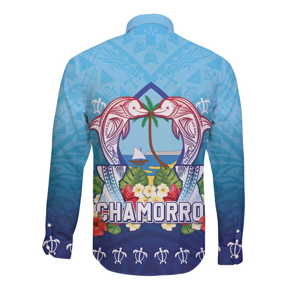 Guam Chamorro Long Sleeve Button Shirt Tribal Latte Stone With Dolphins Blue