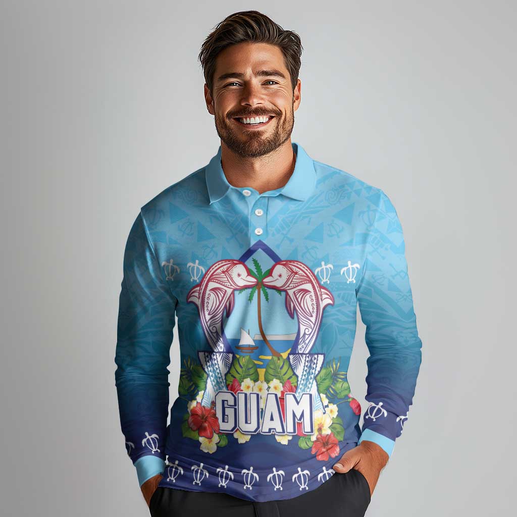 Guam Chamorro Long Sleeve Polo Shirt Tribal Latte Stone With Dolphins Blue