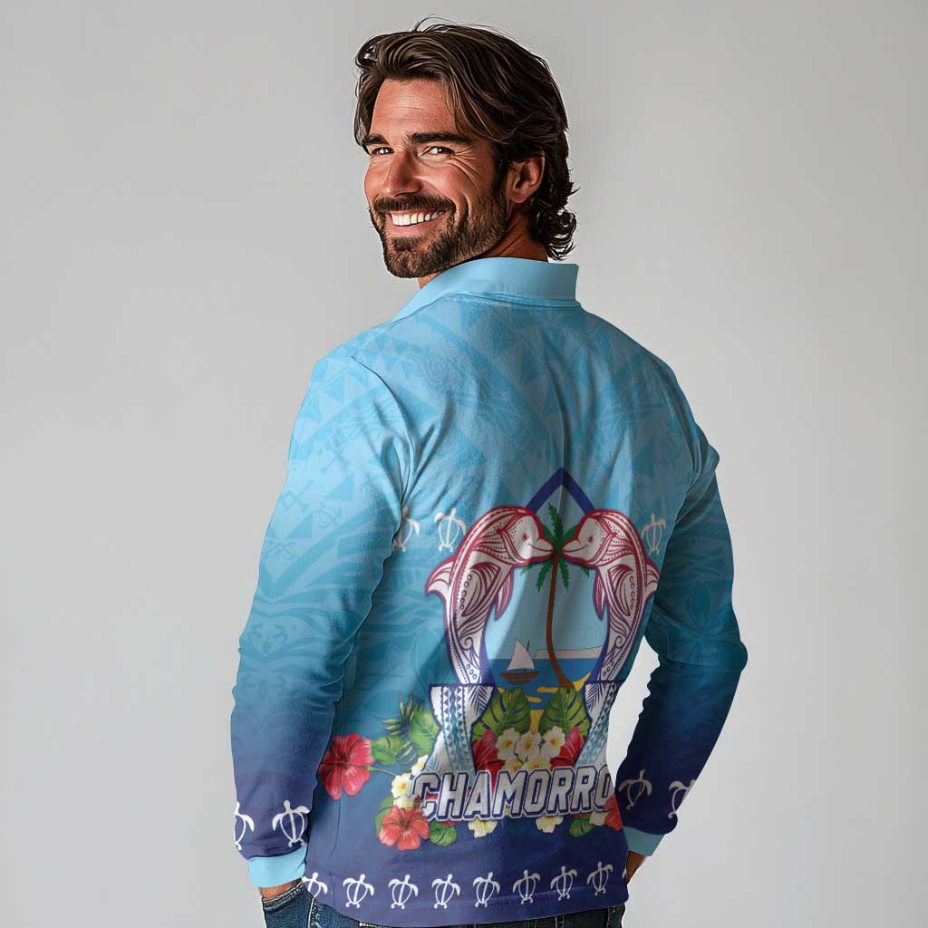 Guam Chamorro Long Sleeve Polo Shirt Tribal Latte Stone With Dolphins Blue