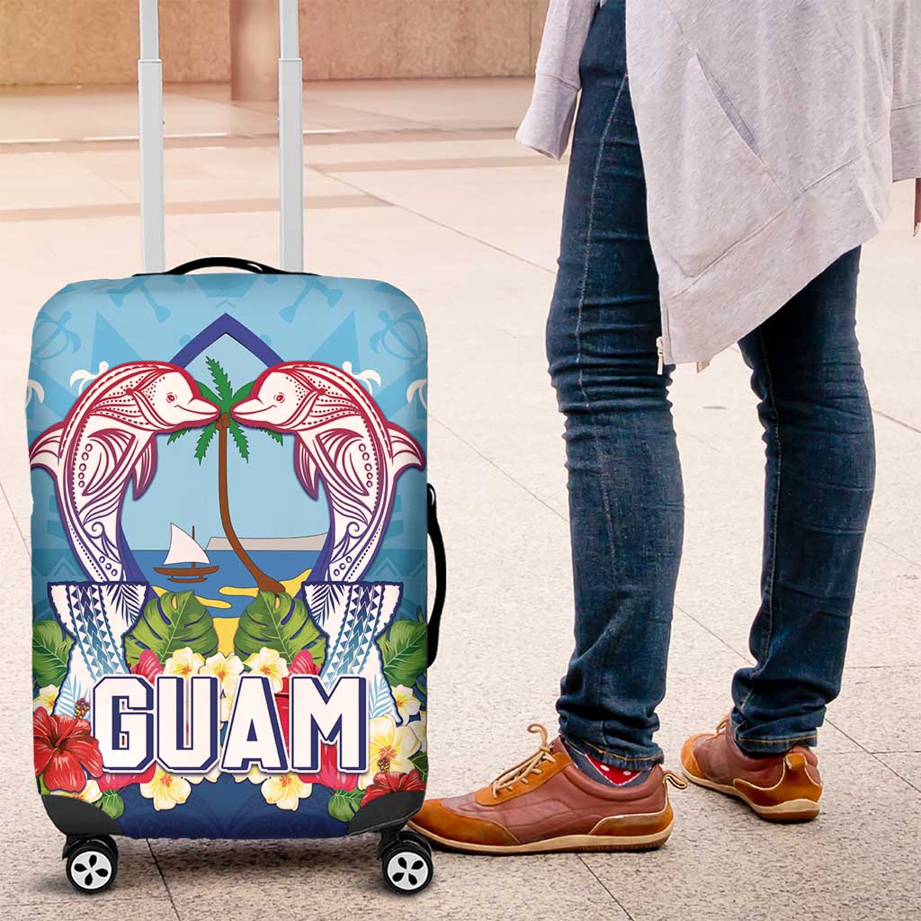 Guam Chamorro Luggage Cover Tribal Latte Stone With Dolphins Blue