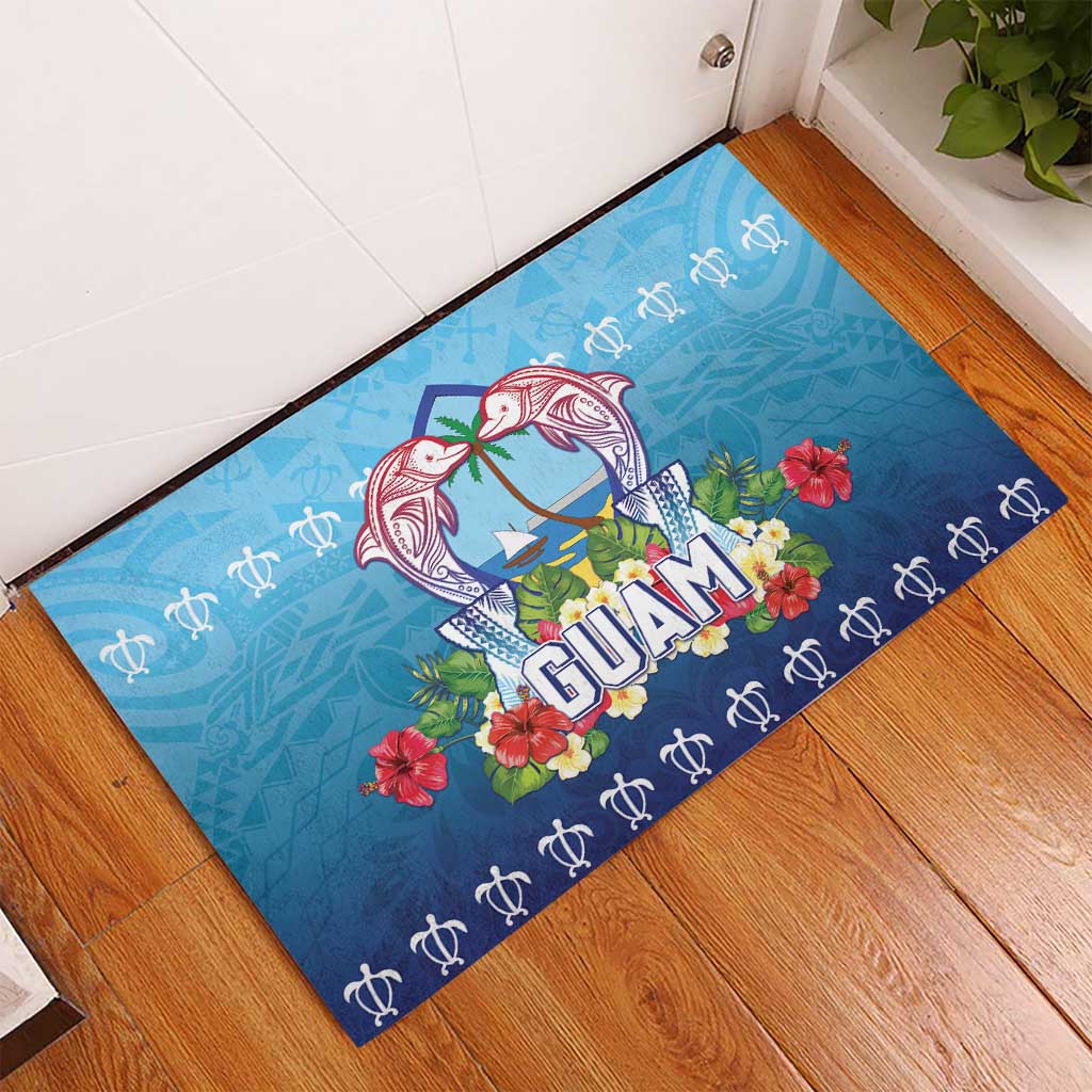 Guam Chamorro Rubber Doormat Tribal Latte Stone With Dolphins Blue