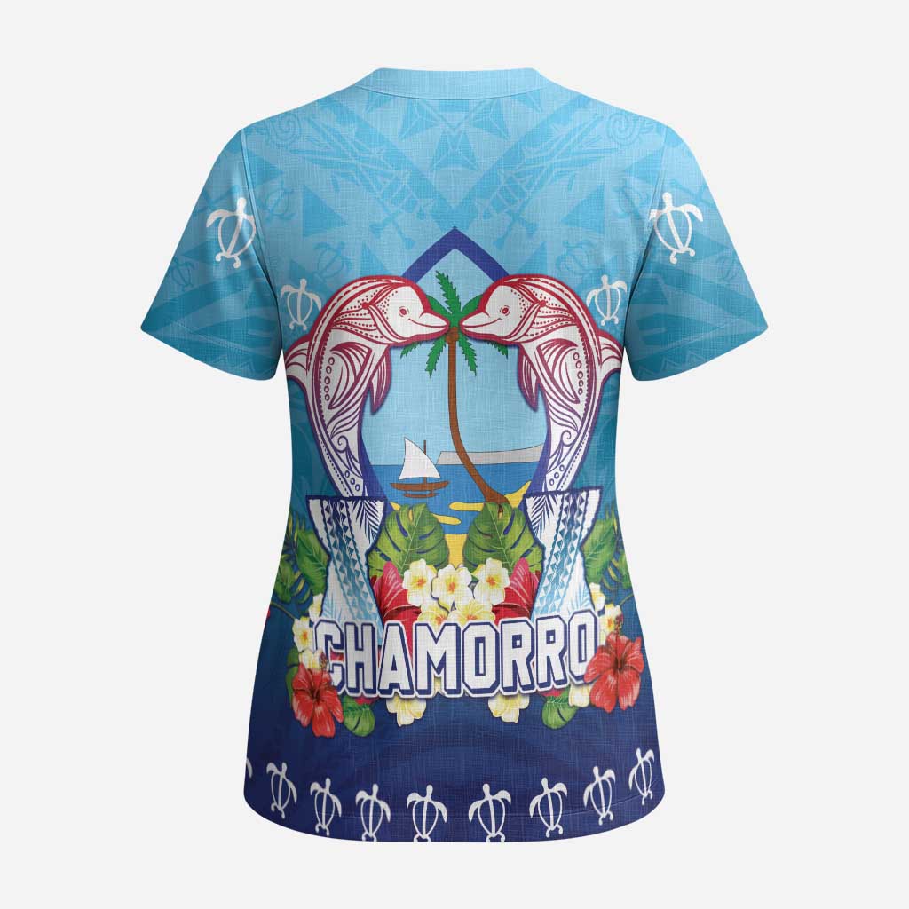 Guam Chamorro Scrub Top Tribal Latte Stone With Dolphins Blue - Polynesian Pride