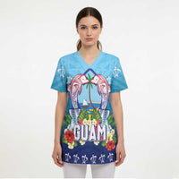Guam Chamorro Scrub Top Tribal Latte Stone With Dolphins Blue - Polynesian Pride