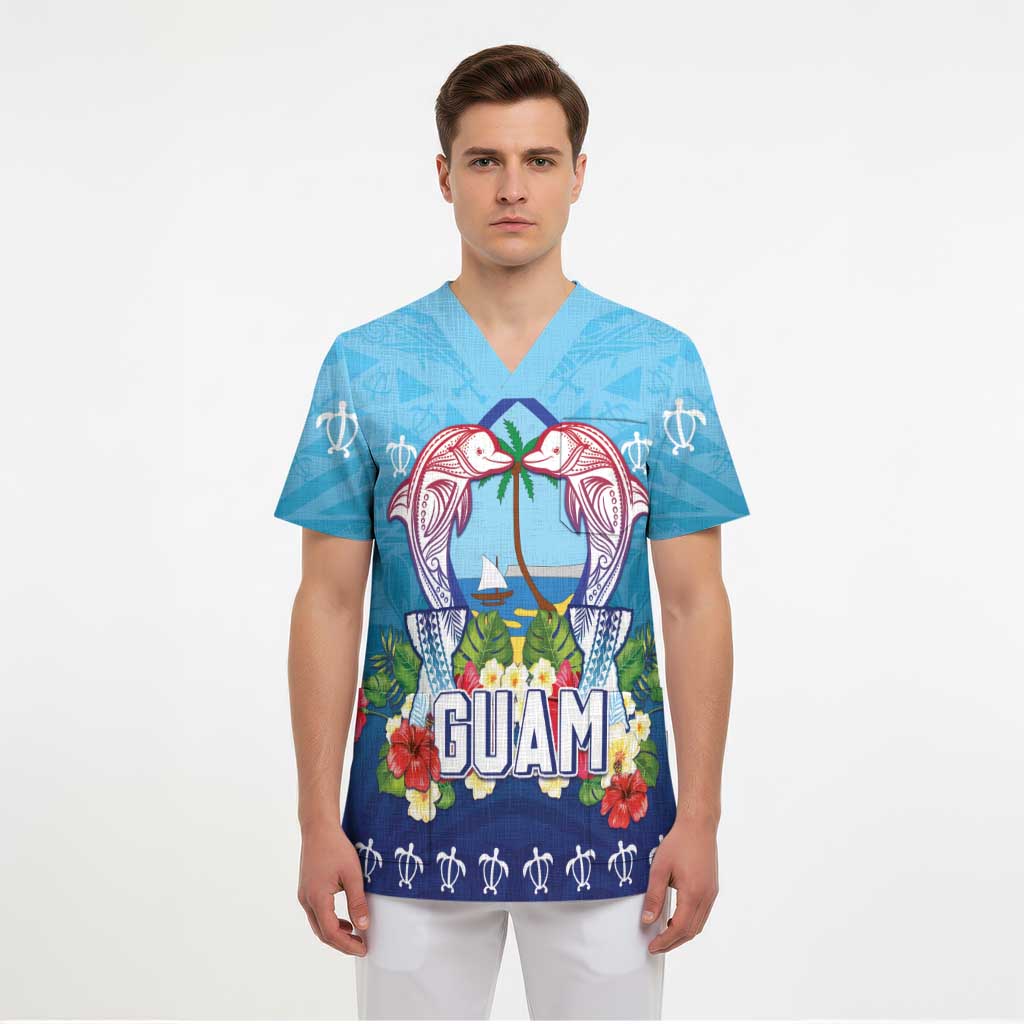 Guam Chamorro Scrub Top Tribal Latte Stone With Dolphins Blue - Polynesian Pride