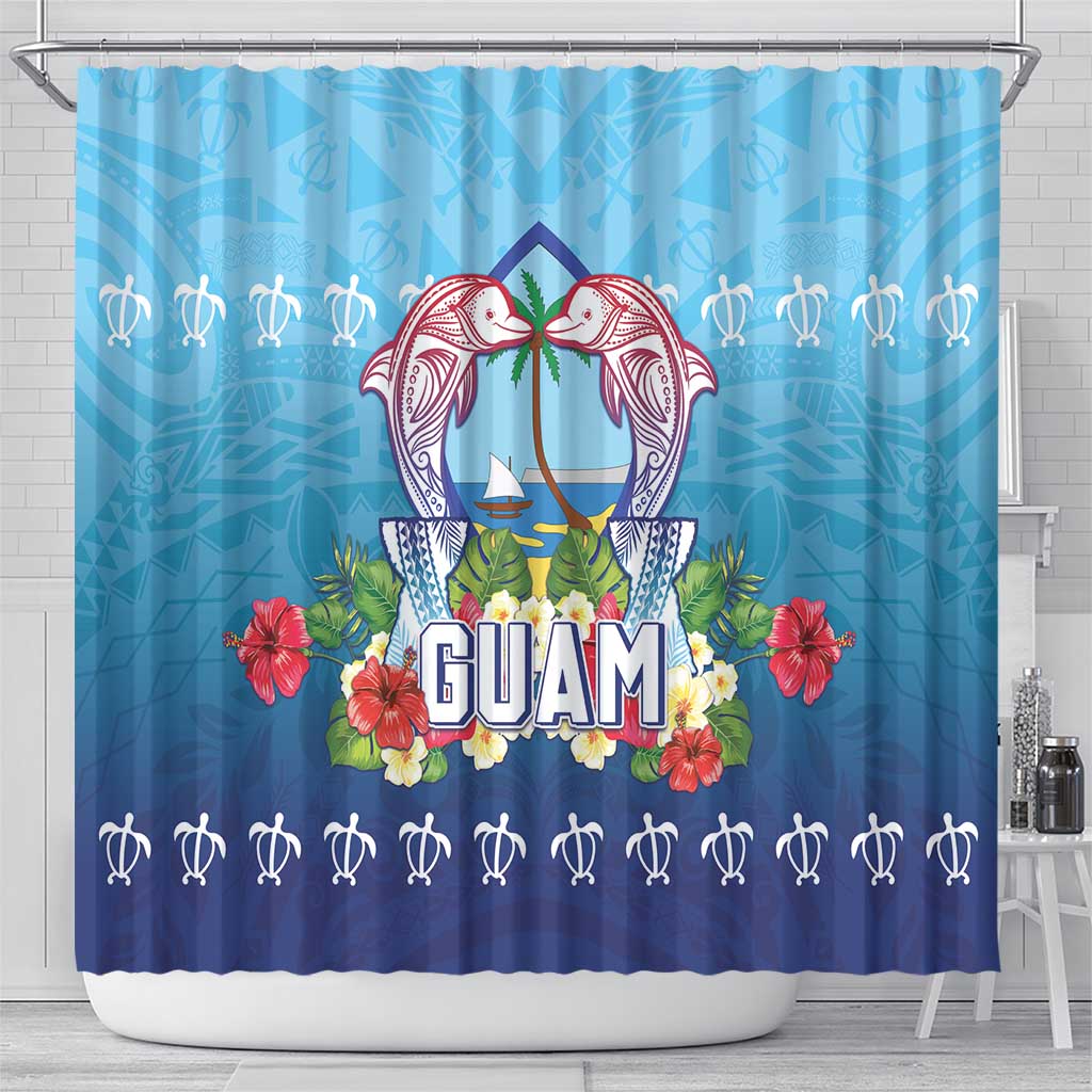 Guam Chamorro Shower Curtain Tribal Latte Stone With Dolphins Blue