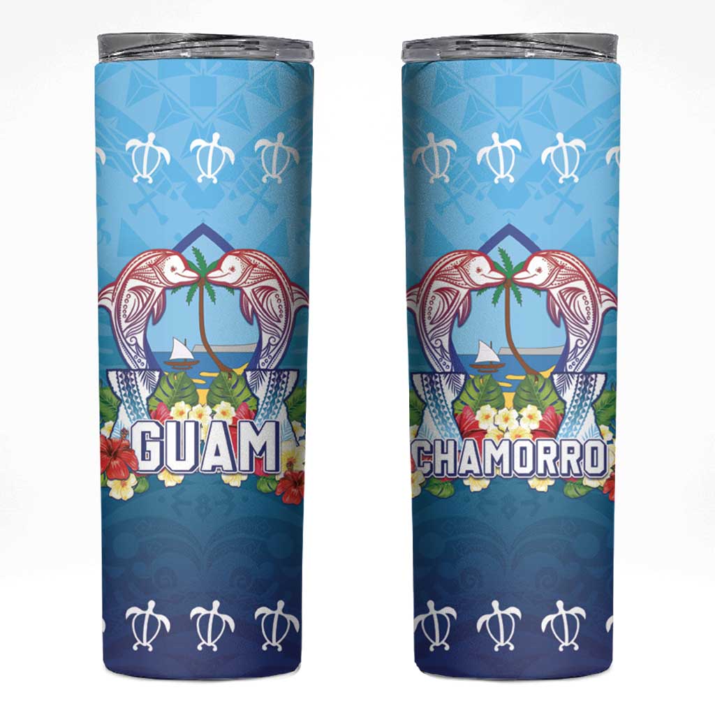 Guam Chamorro Skinny Tumbler Tribal Latte Stone With Dolphins Blue