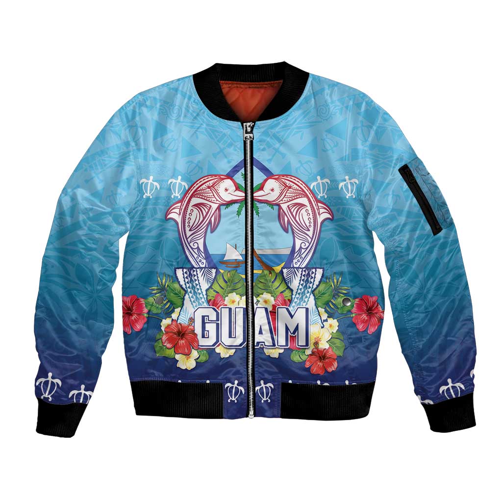 Guam Chamorro Sleeve Zip Bomber Jacket Tribal Latte Stone With Dolphins Blue LT05 Unisex Blue - Polynesian Pride
